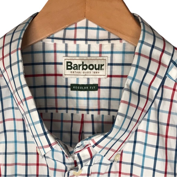 Barbour Large Checks Button Down Collar Shirt Cotton White Blue Long Sleeve XXL - Picture 5 of 13